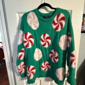 Simply Southern Green Sweater with Red and White Peppermint Design